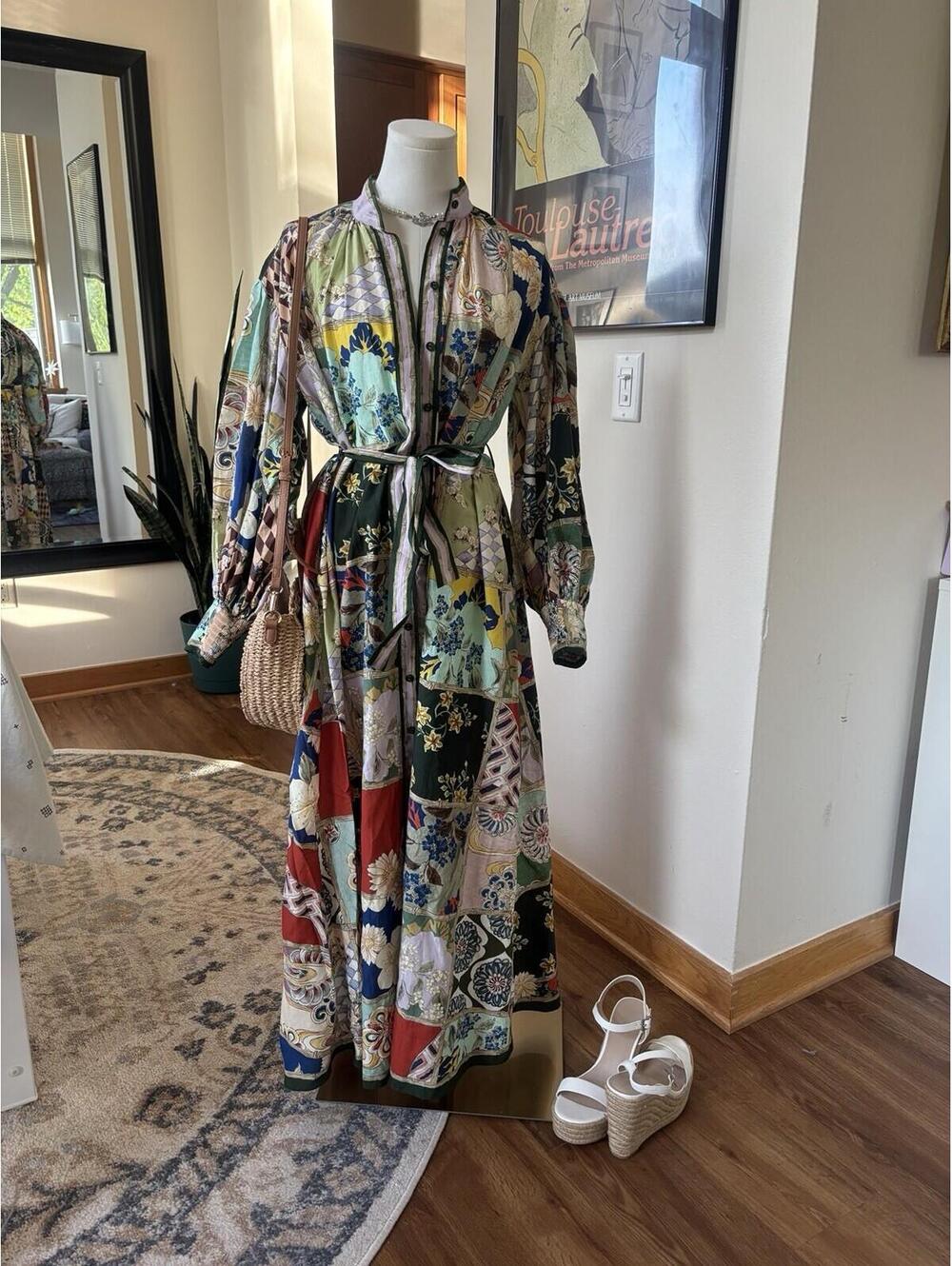 ALÉMAIS Bianca Patchwork Shirtdress Maxi Dress US 2 Belted Art Print Resortwear